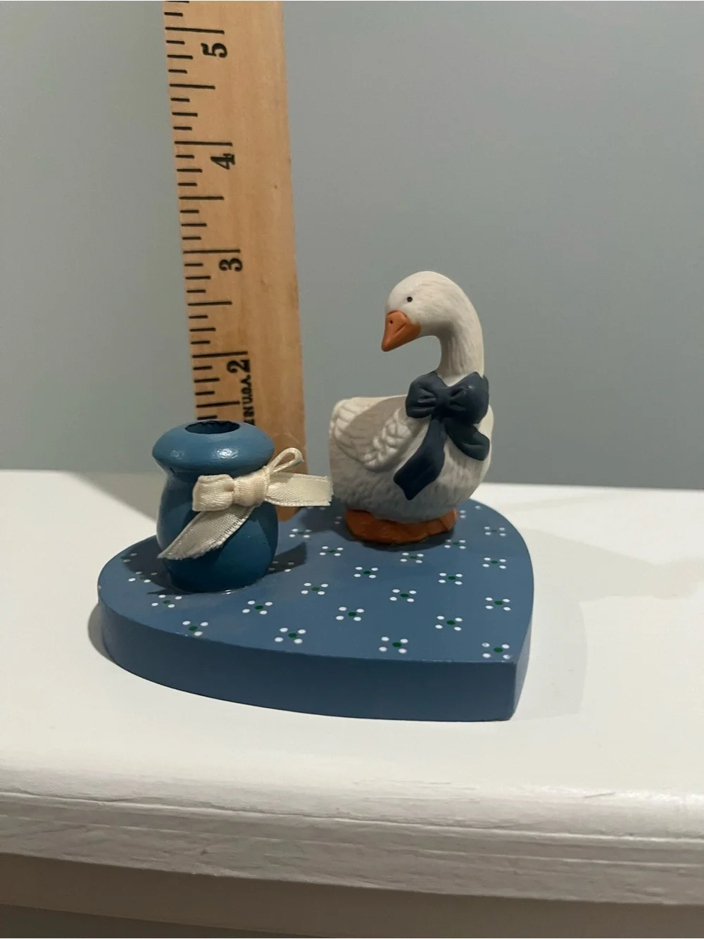 Cottagecore 1988 candle holder goose with bow Blue Heart Duck Figurine with Bow